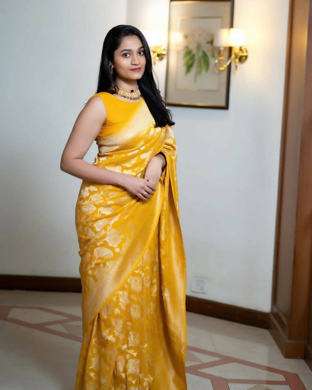 DEIANA'S Beautiful Designer Golden zari Soft Lichi Silk Saree - Yellow