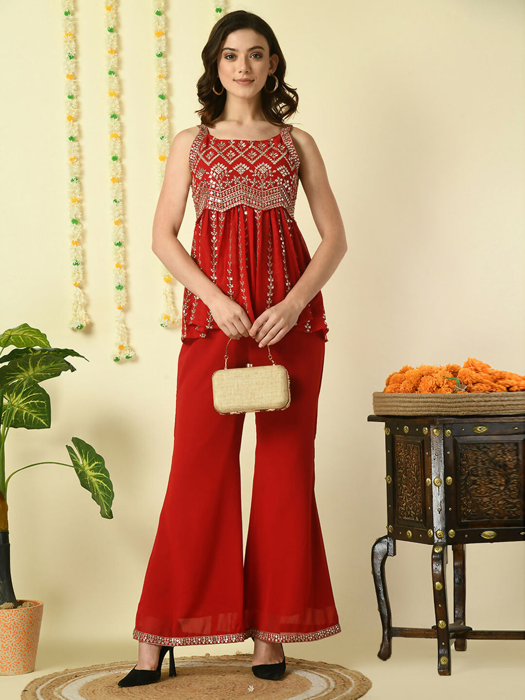 Myshka Women's Red Georgette Top With Palazzos Party Sets