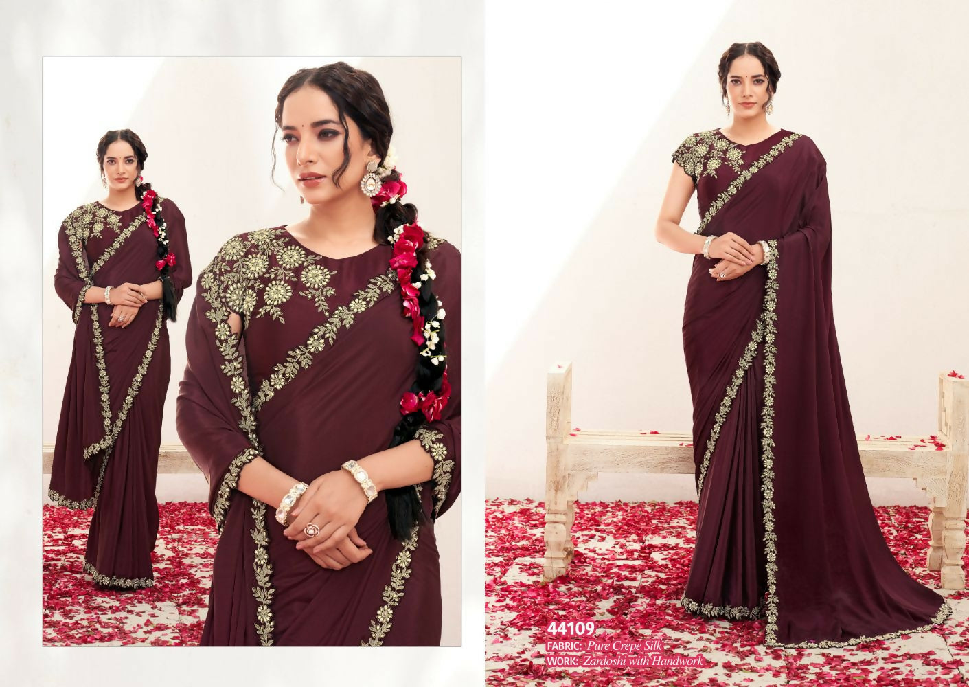 Wine Pure Crepe Silk Handwork Saree with Unstitched Blouse - Norita Varya