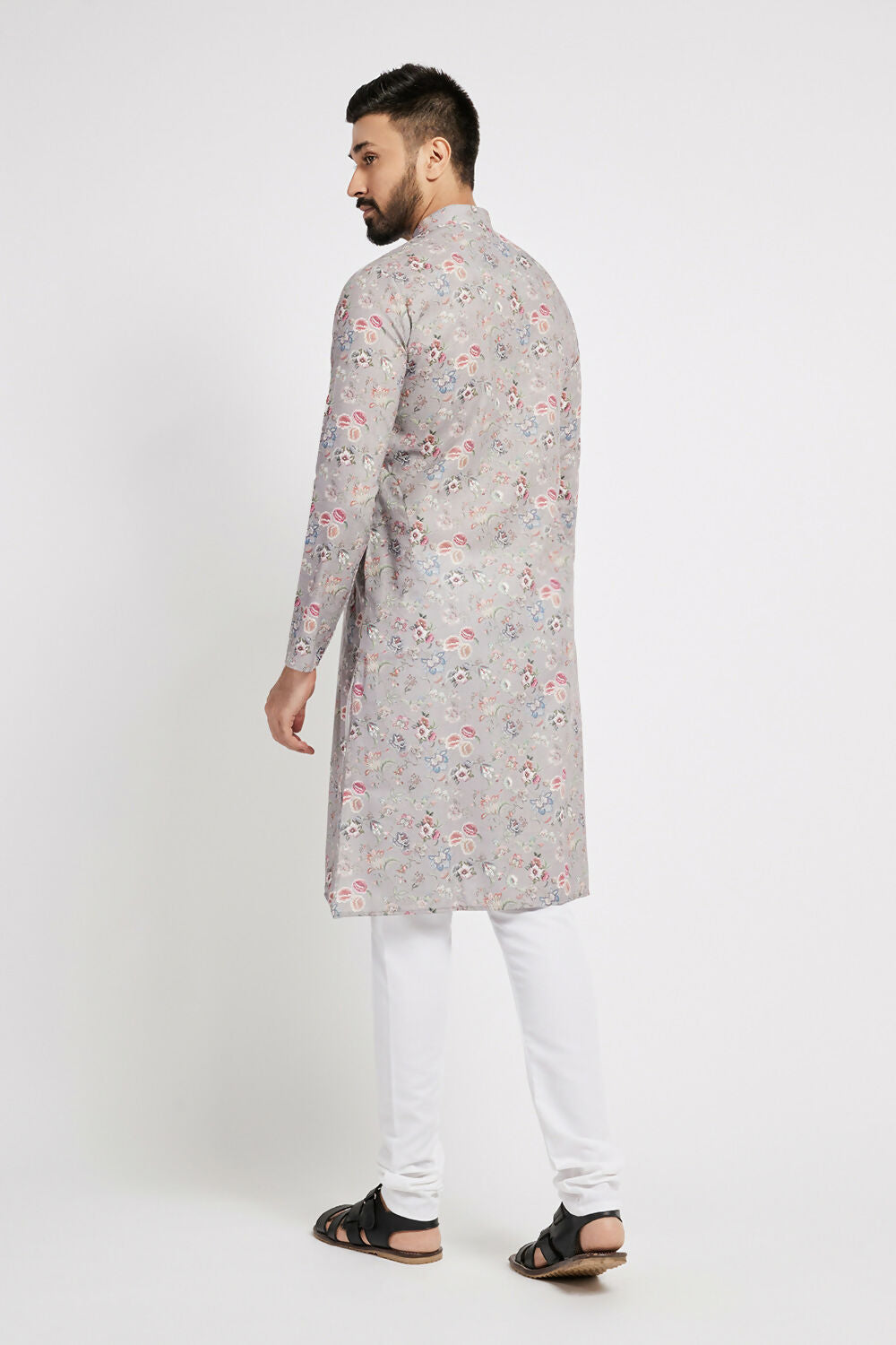 Ethnic India Grey Men's Kurta Floral Polyester