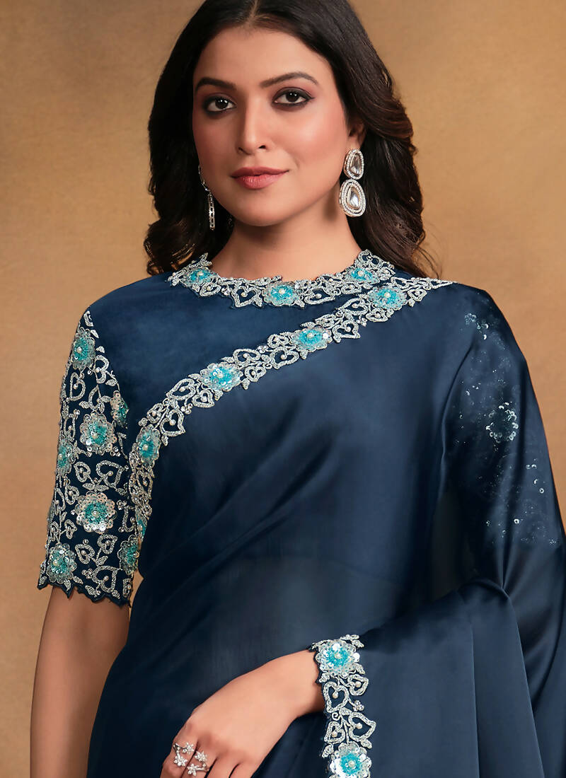 Navy Blue Satin Silk Georgette Designer Saree with Unstitched Blouse - Norita Mahitha