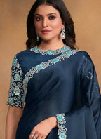 Navy Blue Satin Silk Georgette Designer Saree with Unstitched Blouse - Norita Mahitha