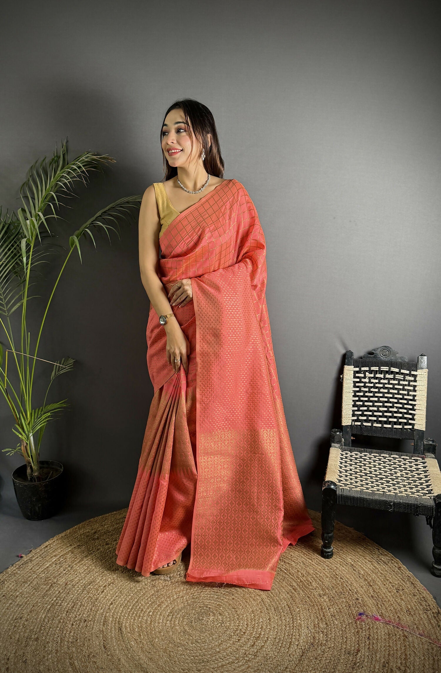 Joban Fashion Peach Banarasi Soft Lichi Silk Checks & Woven Saree - Distacart