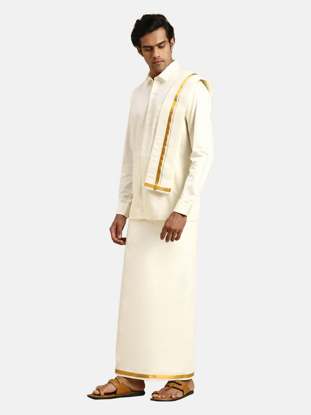 Ramraj Cotton 2 In 1 Set For Mens Readymade Cream Double Layer Pocket Dhoti With 3/4 Inch Golden Jari And Towel