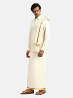 Ramraj Cotton 2 In 1 Set For Mens Readymade Cream Double Layer Pocket Dhoti With 3/4 Inch Golden Jari And Towel