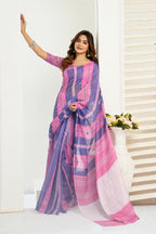 Vastranavya Pink Blue Digital Printed Linen Ready To Wear Designer Saree with Unstitched Blouse - Distacart