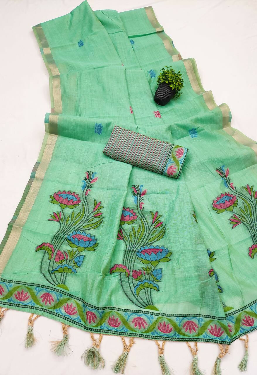 Vastranavya Turquoise Muga Cotton Meenakari & Azarakh Pallu Saree with Contrast Blouse - Distacart