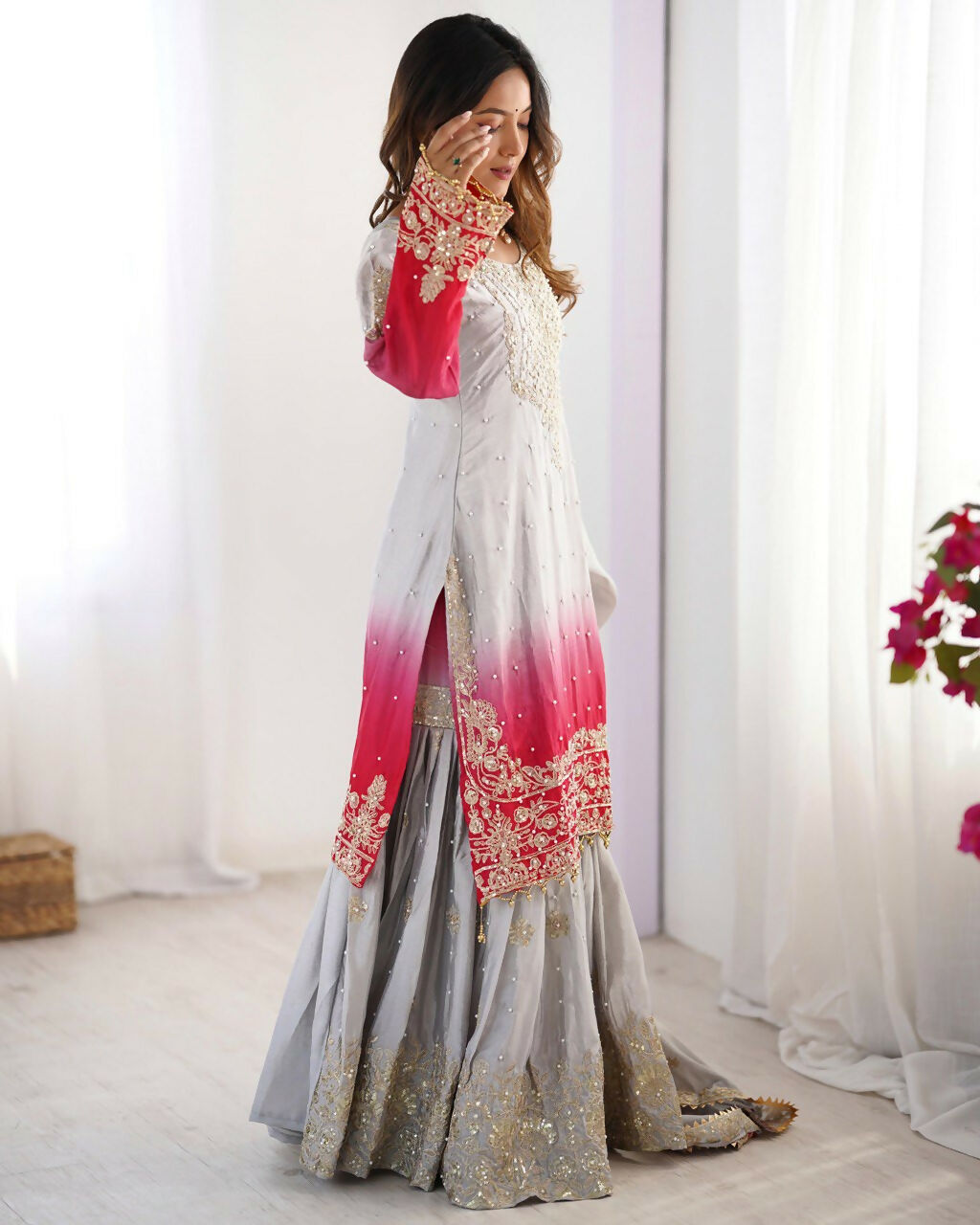 The52 Women's Beautiful Chinon silk Fabric Embroidery Work Straight Kurta Palazzo and Dupatta Set - Distacart