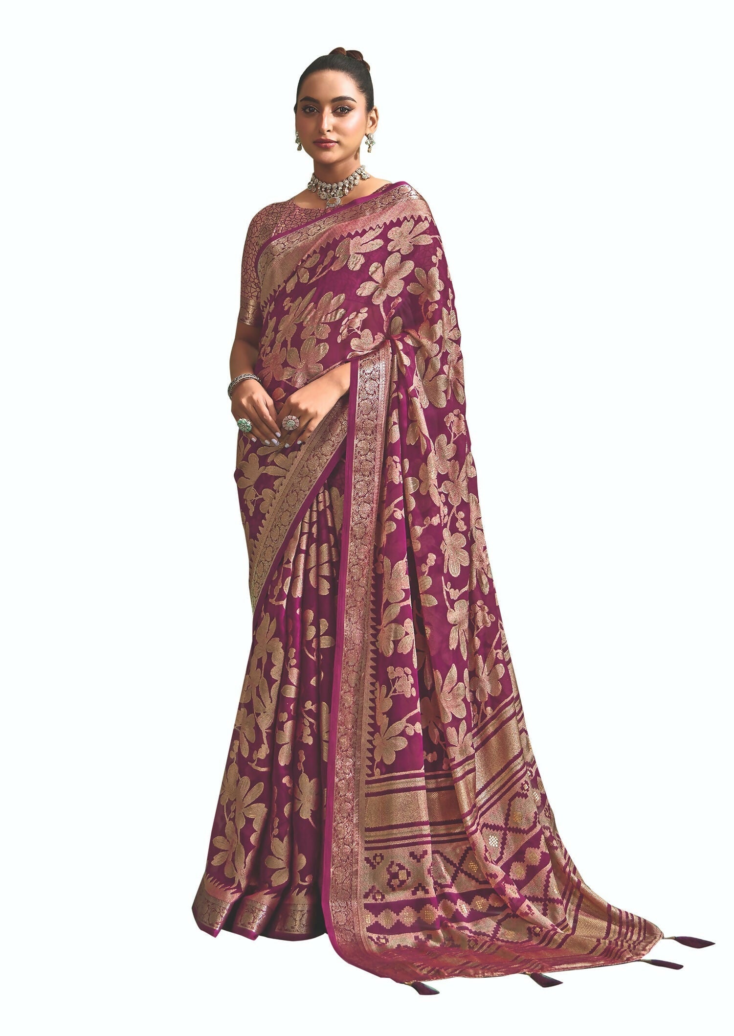 Joban Fashion Deep Magenta Dull Moss Brasso With Kasab Zari Border Saree & Tassels With Brasso Blouse - Distacart