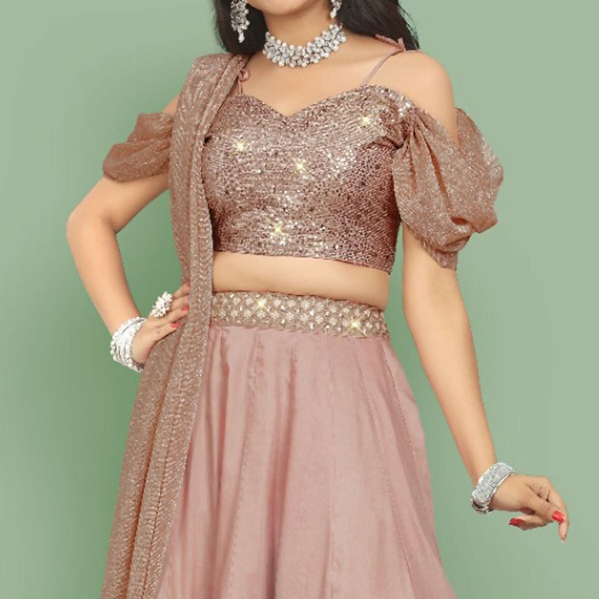 Jyoti Fashion Dusty Rose Pink Dori with Zari Thread Sequence Embroidery Cotton Silk Lehenga Choli with Dupatta