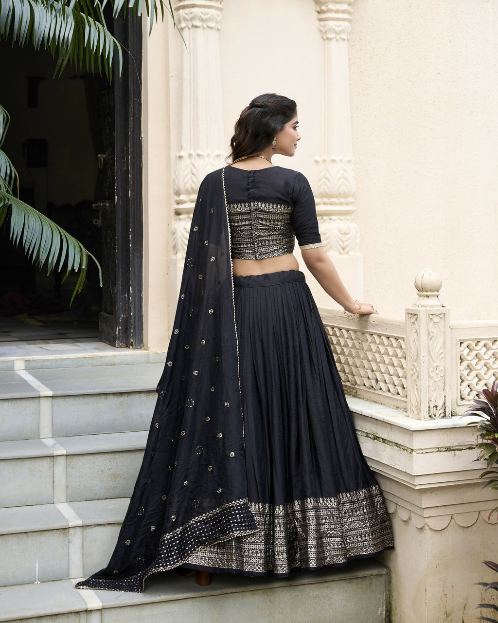 Lorenvalley Black Pure Chanderi Plain With Zari Weaving Work Border Lehenga Choli
