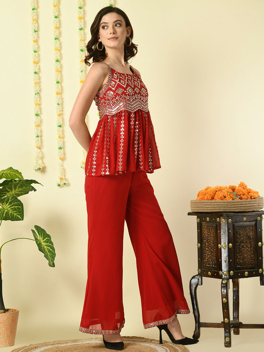 Myshka Women's Red Georgette Top With Palazzos Party Sets