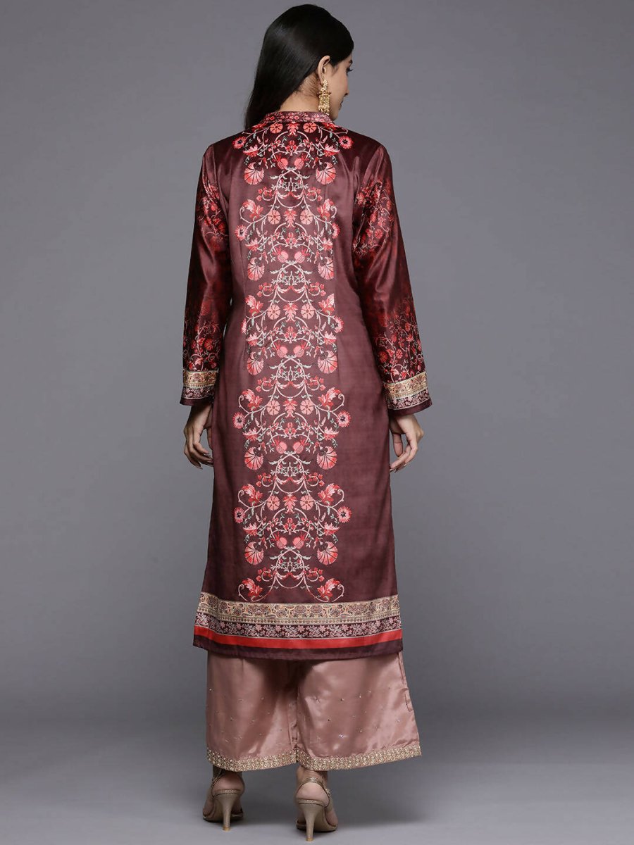 Ahalyaa Women Burgundy & Golden Floral Printed Gotta Patti Floral Velvet Kurta - Distacart