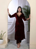 Miravan Women's Maroon Velvet Sequence Work Straight Kurta With Palazzo