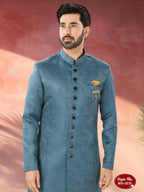 Joban Fashion Men's Blue Straight Imported Tr Self-Design In Fabric Indo-Western Kurta Set