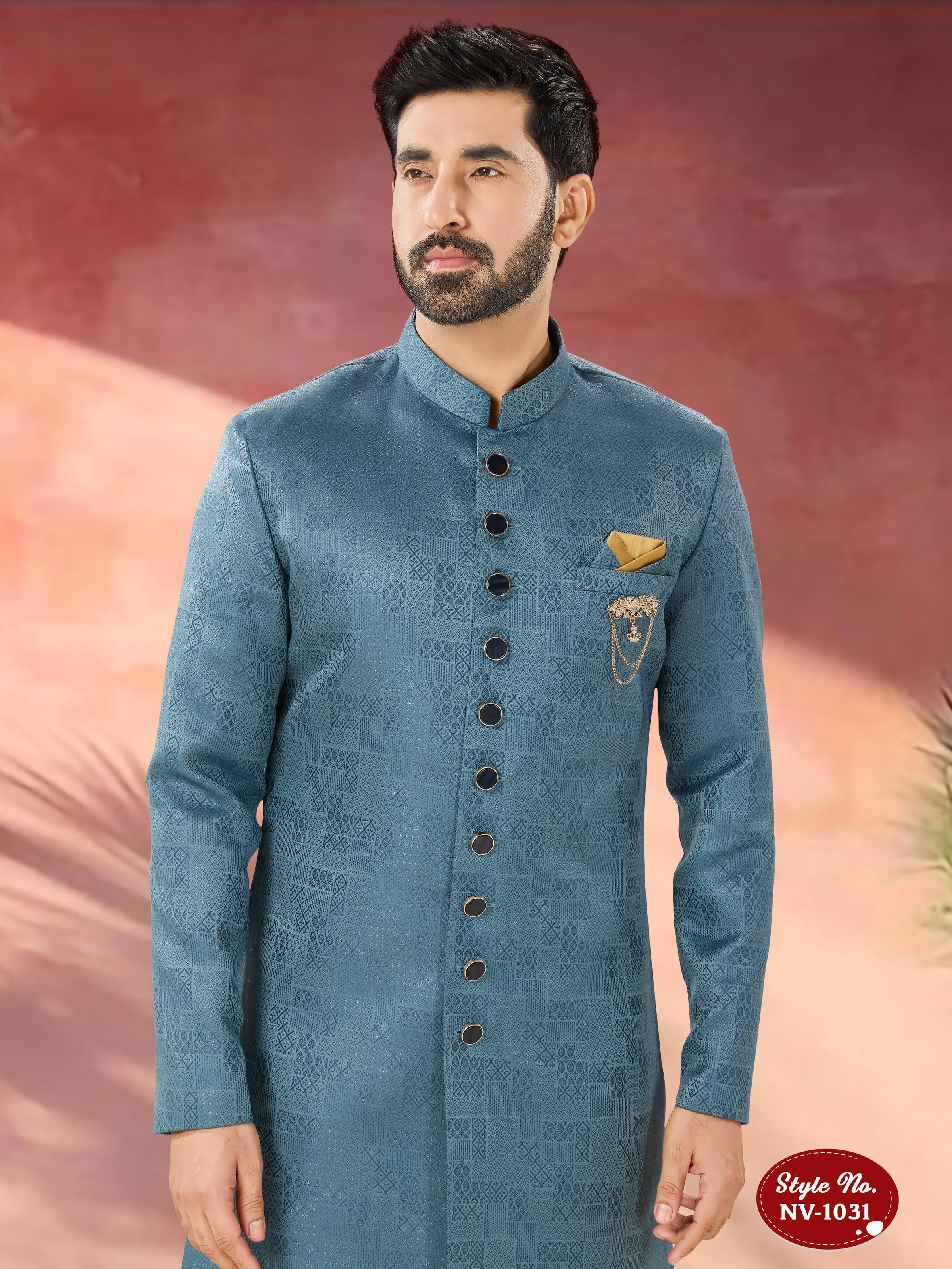 Joban Fashion Men's Blue Straight Imported Tr Self-Design In Fabric Indo-Western Kurta Set