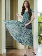Souchii Teal & Blue Floral Printed Fit & Flare Dress