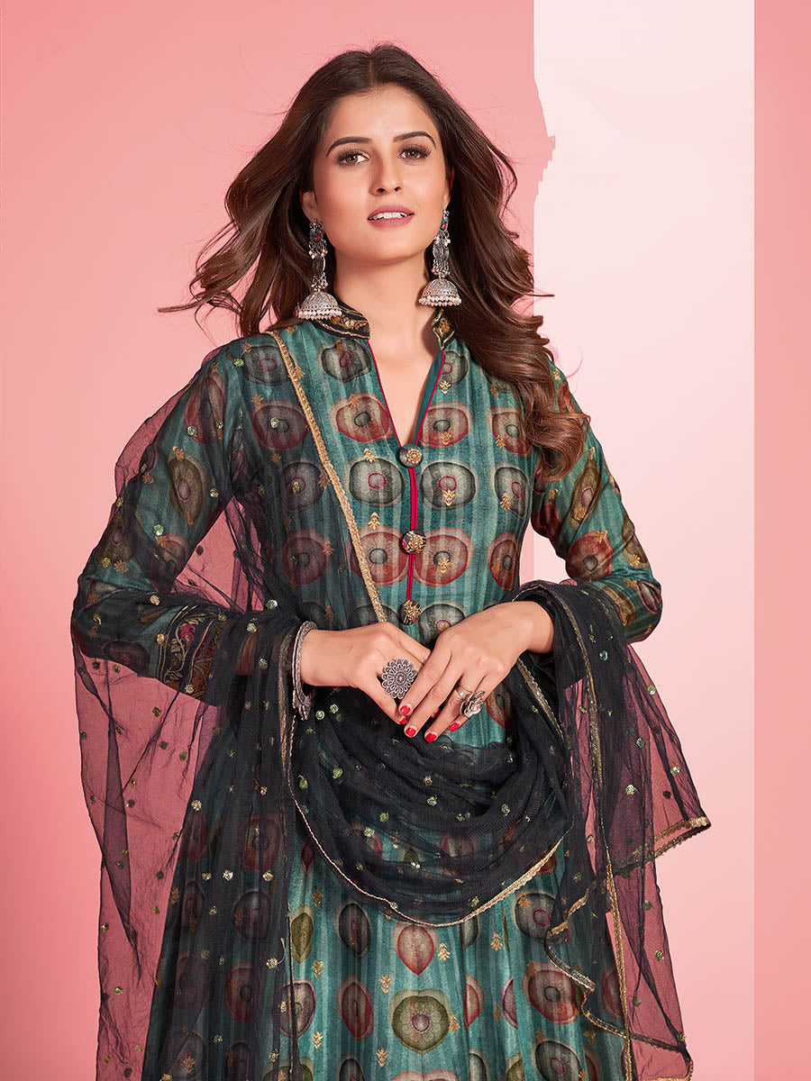 Myra Multicolour Pure Dola Silk Designer Gown Style Suit - Distacart
