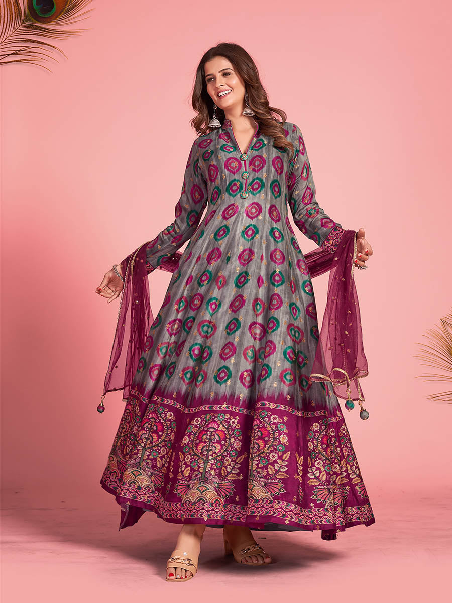 Myra Multicolour Pure Dola Silk Designer Gown Style Suit - Distacart