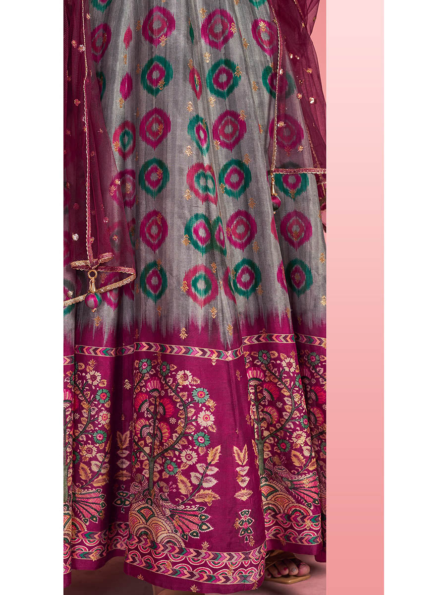 Myra Multicolour Pure Dola Silk Designer Gown Style Suit - Distacart