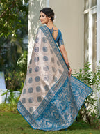 Shree Shyam Fashion Cream With Blue Silk Blend Saree - Distacart