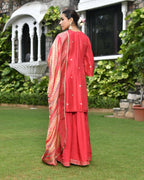Vaasva Women's Silk Red Emboidered Solid Kurta, Sharara & Dupatta Set