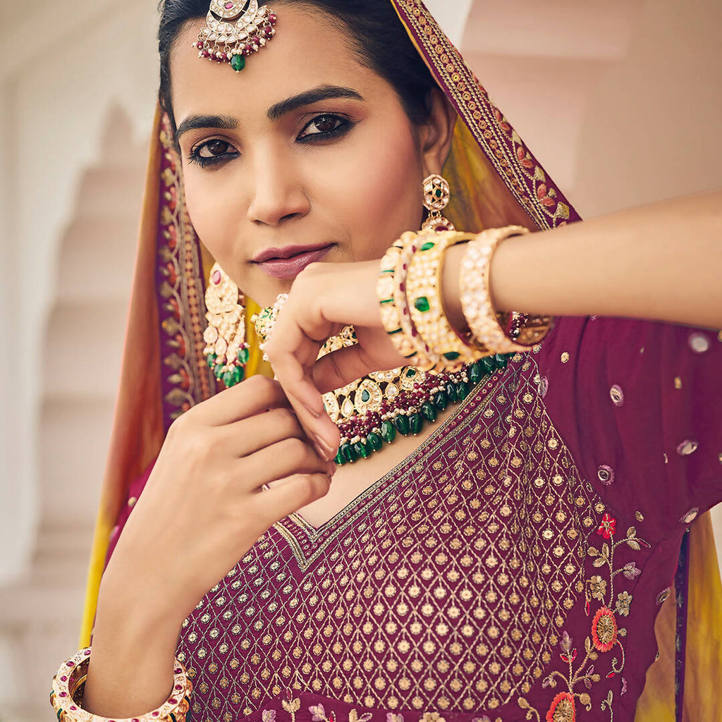 Wine Heavy Viscose Khatli, Embroidery & Mirror Work Unstitched Lehenga Choli - Sisha Keshav