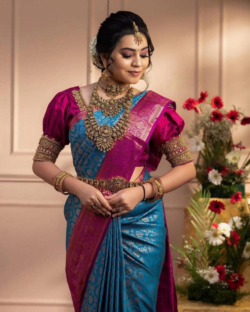 Vamika Weaving Banarasi Jacquard Sky Blue Kanjivaram Saree