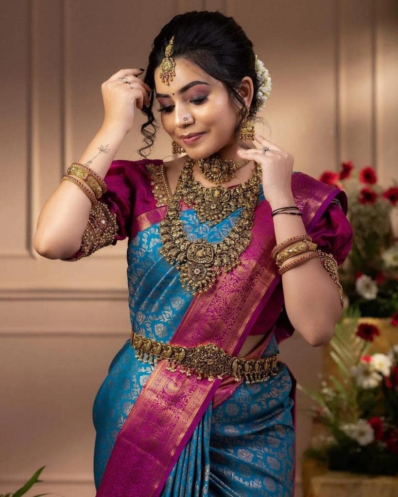 Vamika Weaving Banarasi Jacquard Sky Blue Kanjivaram Saree