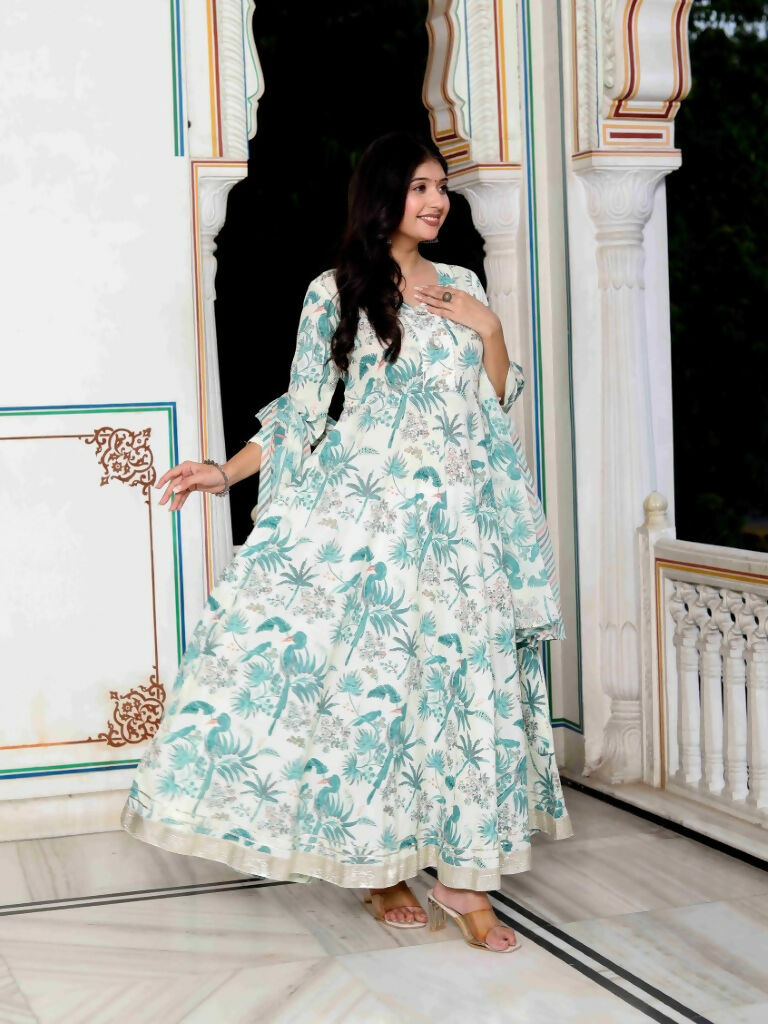 Miravan Women's Light Green Birds And Leaf Floral Printed Anarkali Kurta And Dupatta Set