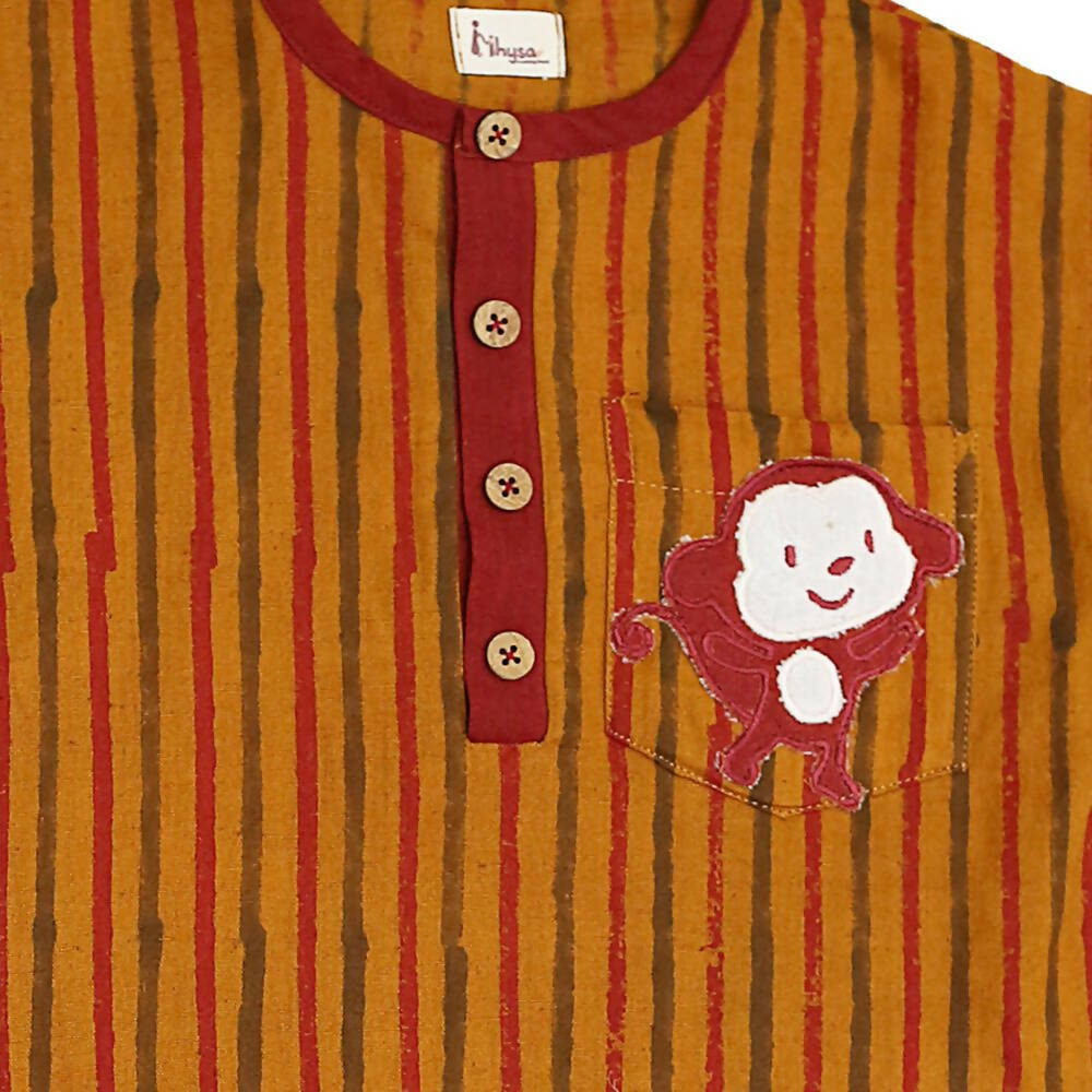 Mhyssa Kong Full sleeve Orange Kurta with Maroon Shorts Set For Kids
