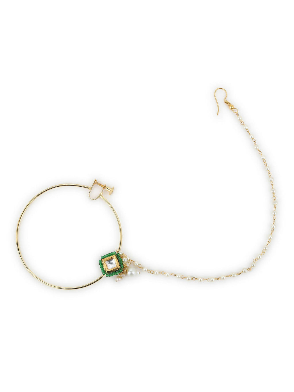Gold-Plated Green White Kundan Studded Beaded Chained Nosepin - Ruby Raang - Distacart