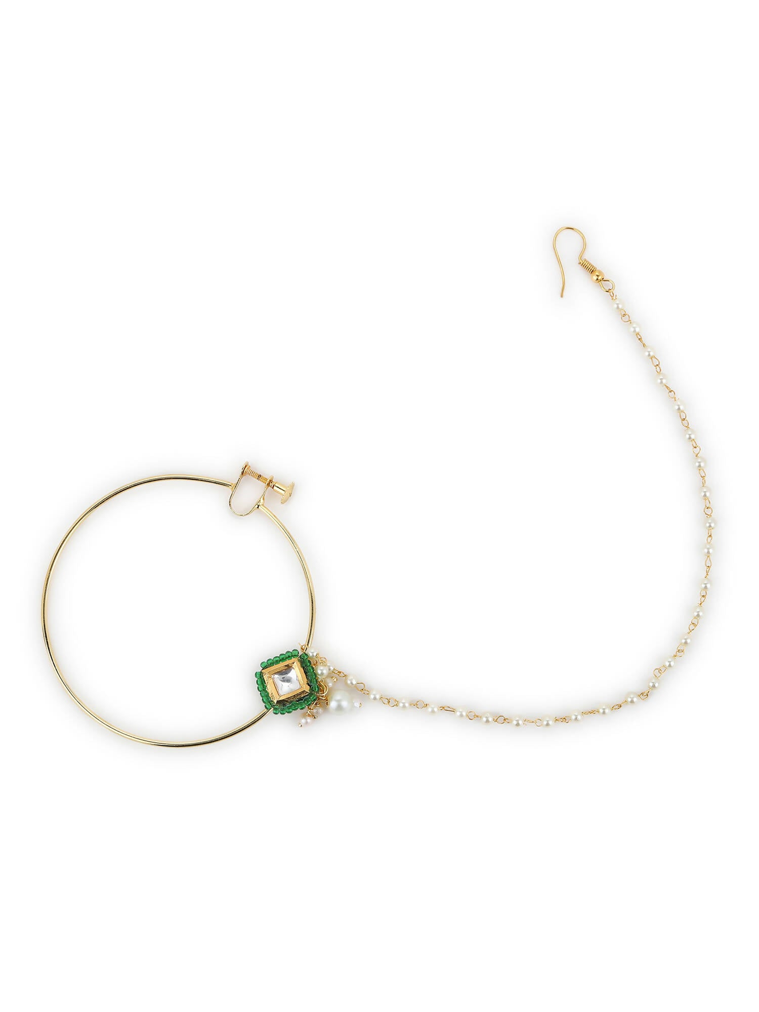 Gold-Plated Green White Kundan Studded Beaded Chained Nosepin - Ruby Raang - Distacart