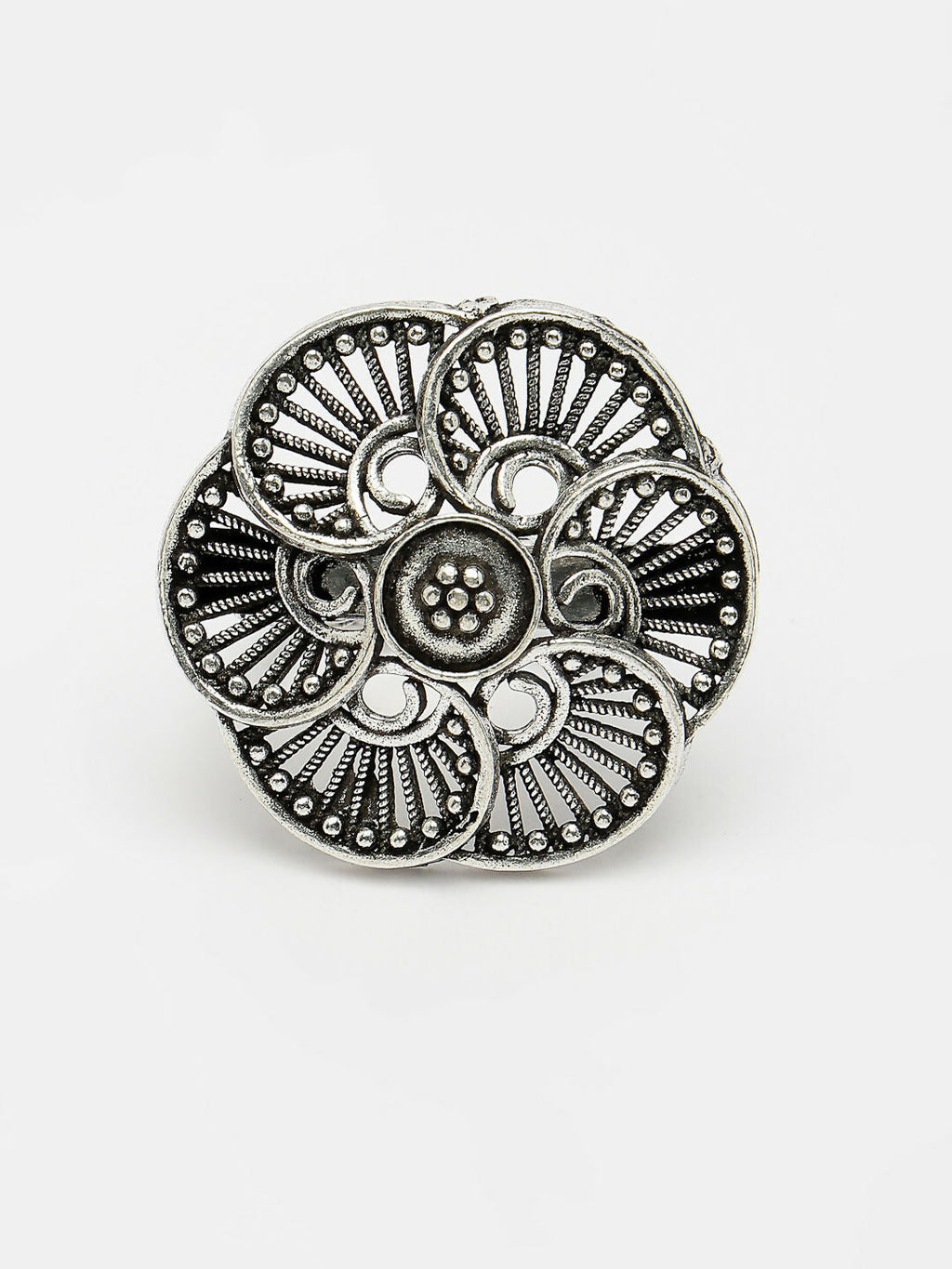NVR Women's Silver-Toned Floral Shape Adjustable Finger Ring