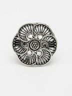 NVR Women's Silver-Toned Floral Shape Adjustable Finger Ring
