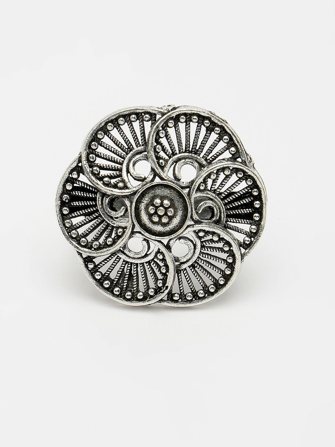 NVR Women's Silver-Toned Floral Shape Adjustable Finger Ring