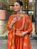 The52 Rust Women's Gorgeous Embroidered Work Chanderi Fabric Flared Kurta Pant and Dupatta Set - Distacart