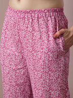 Myshka Women's Pink Printed Cotton Straight Party Kurta Set With Dupatta