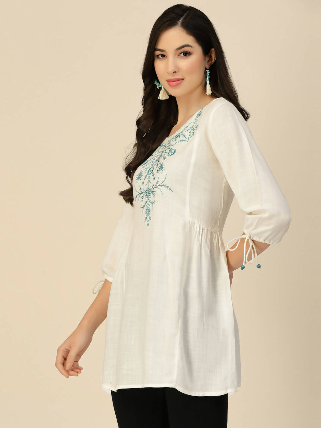 White Poly Rayon Floral Embroidered Top - Zeny
