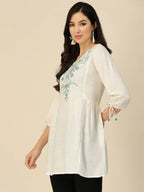 White Poly Rayon Floral Embroidered Top - Zeny