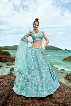 House of Panchhi Sky Blue Organza Sequins, Zarkan And Thread Embroidery Lehenga Choli & Dupatta