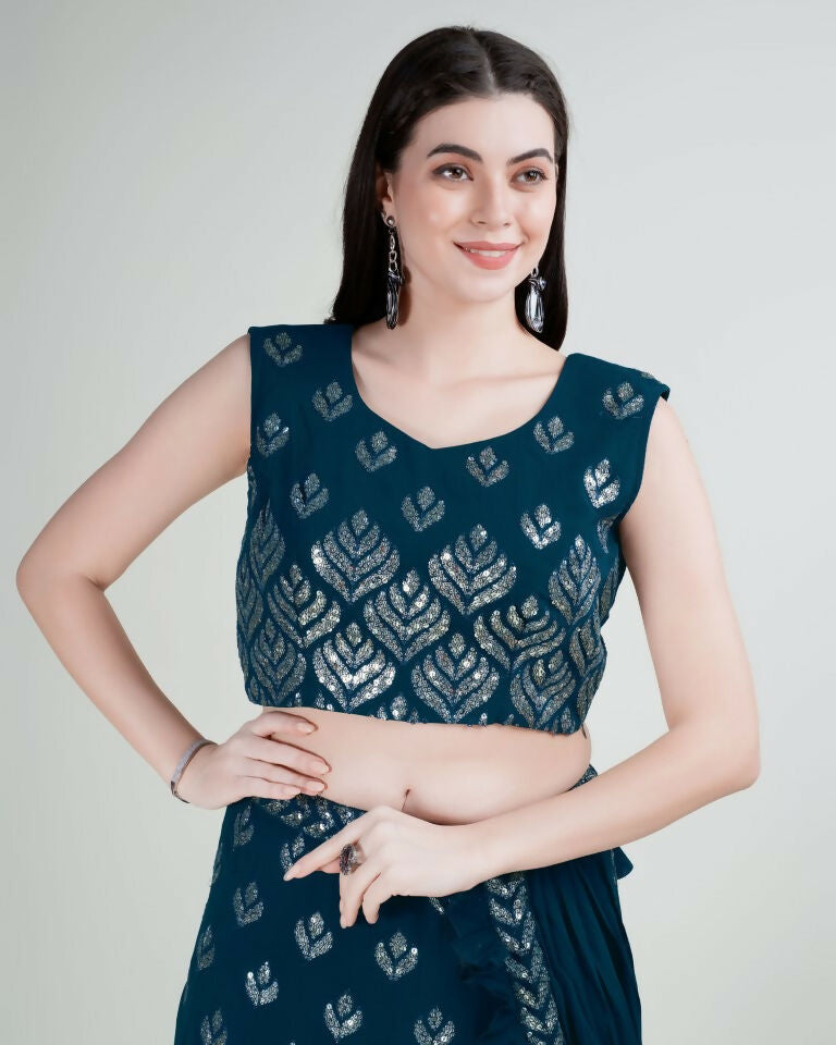 Teal Georgette Sequence Embroidered Lehenga Choli with Dupatta - Tanya