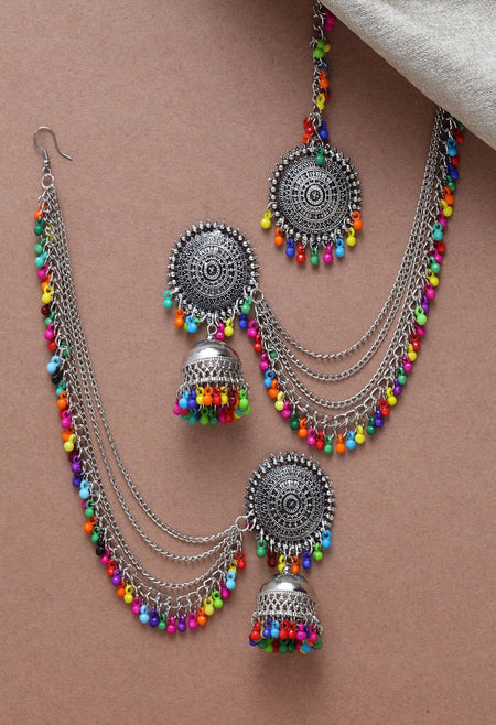 Mominos Fashion Johar Kamal Bahubali Multi Beads Earrings With Tikka