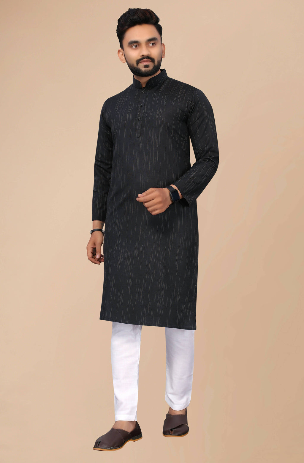 Indian Clothing Men's Black Striped Cotton Kurta - Mahotsav