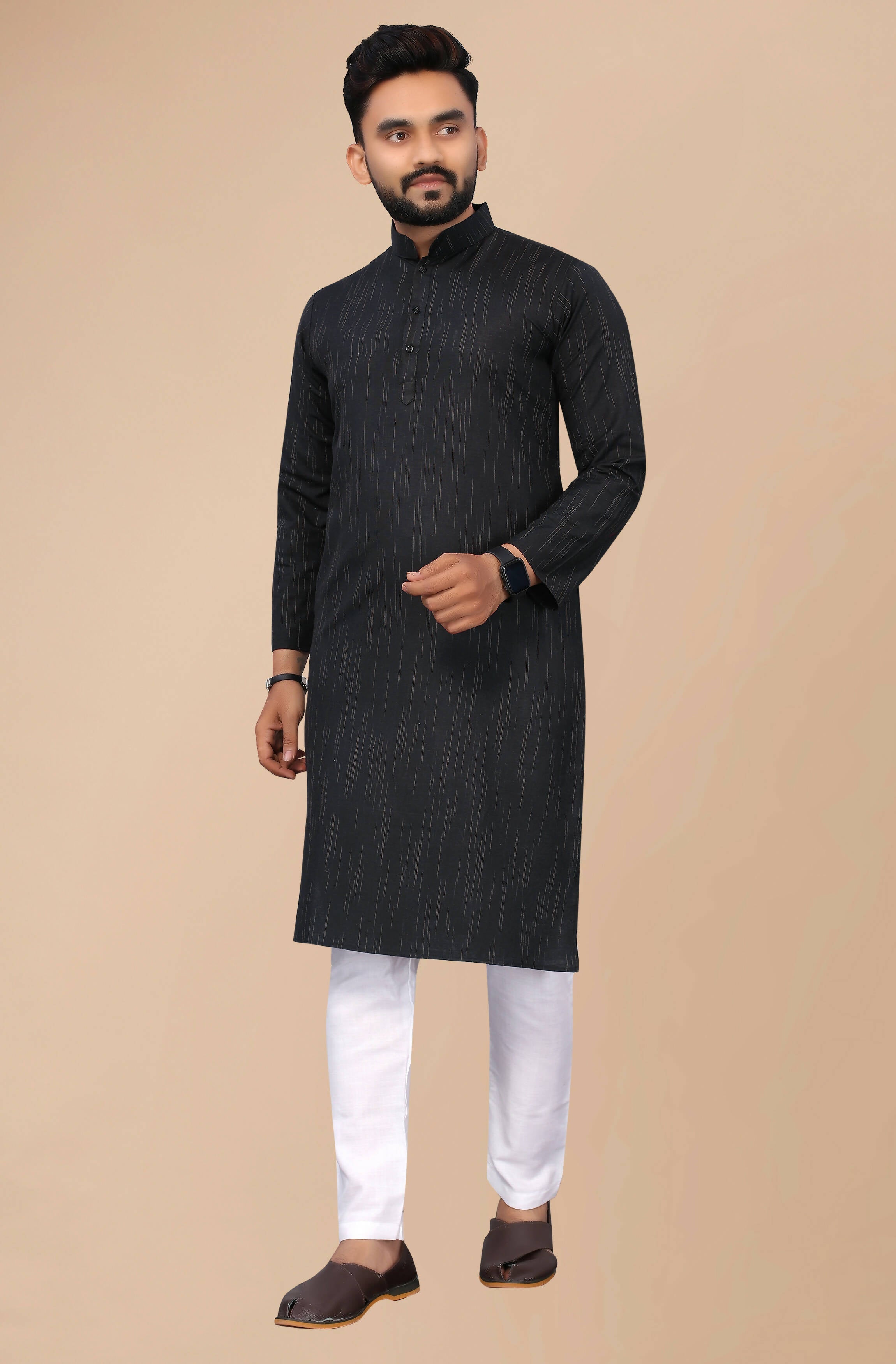 Indian Clothing Men's Black Striped Cotton Kurta - Mahotsav