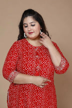 Miravan Women's Plus Size Festive Wear Red Bandhani Printed Straight Kurta