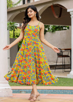 Kaajh Women's Floral Green Hand Block Print Sleeveless Dress - Distacart