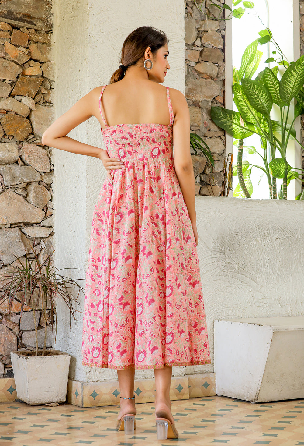 Kaajh Women's Floral Pink Hand Block Print Sleeveless Dress - Distacart