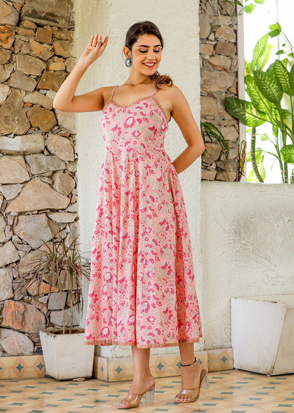 Kaajh Women's Floral Pink Hand Block Print Sleeveless Dress - Distacart