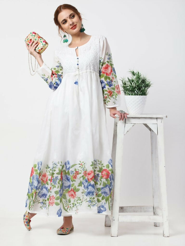 Cheera Women Stylish Hand Chikenkari And Digital Printe Cotton Organza Flared Anarkali Kurta - White